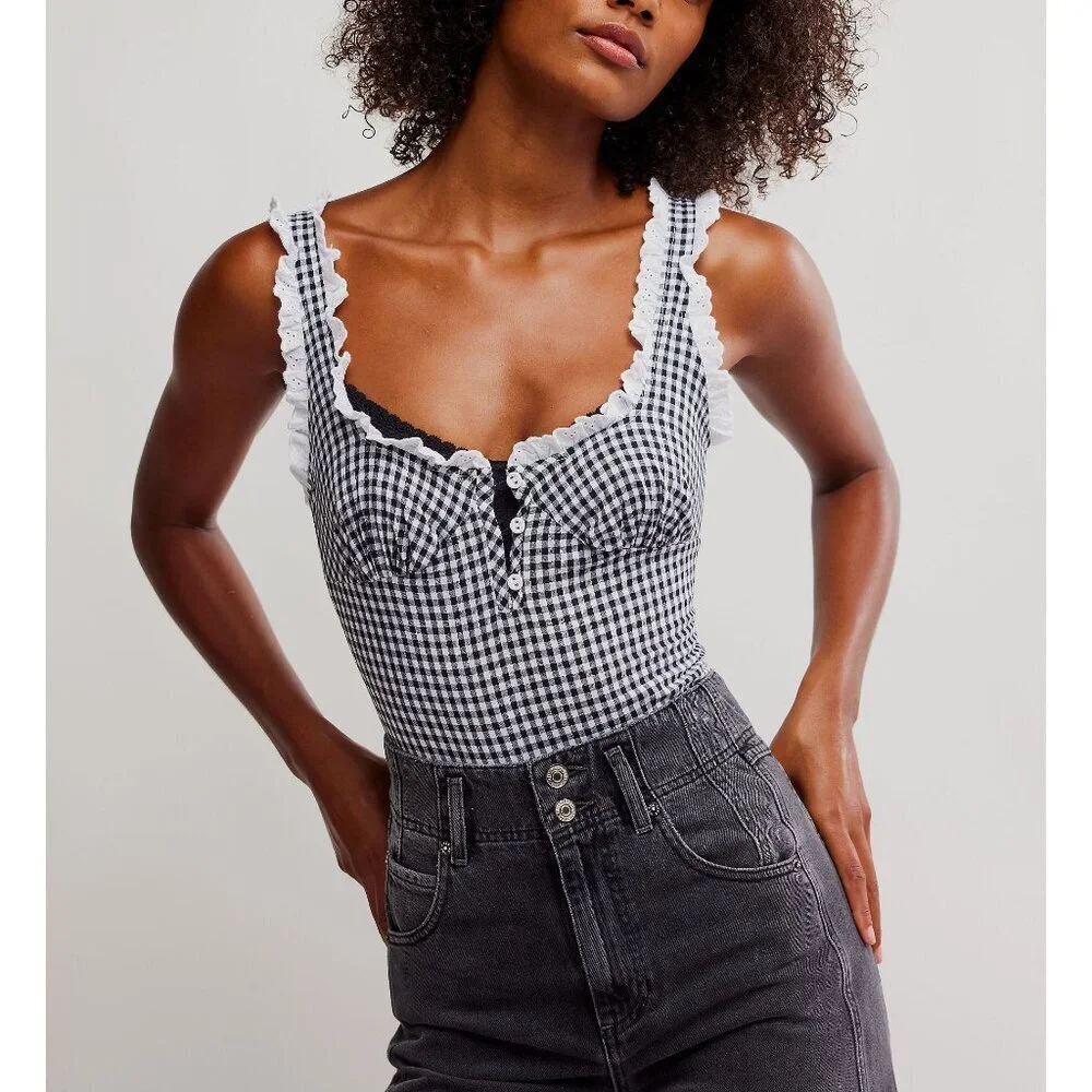 Free People Black and White Gingham Bodysuit - Picture 2 of 9